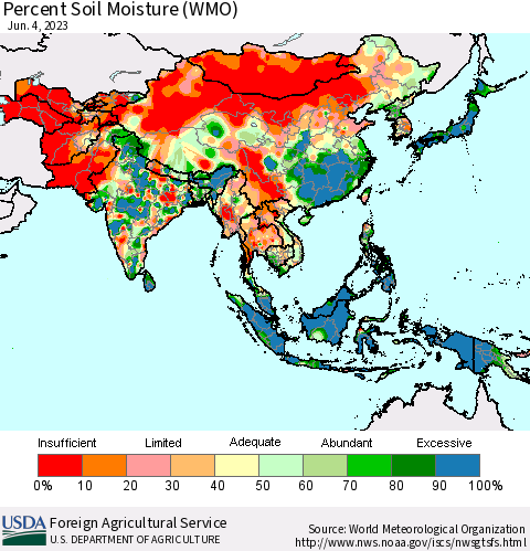 Asia Percent Soil Moisture (WMO) Thematic Map For 5/29/2023 - 6/4/2023