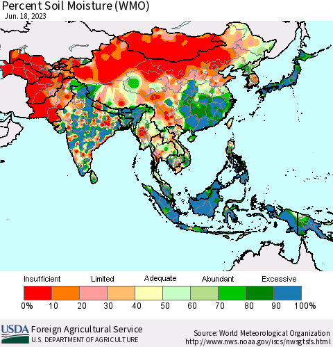 Asia Percent Soil Moisture (WMO) Thematic Map For 6/12/2023 - 6/18/2023