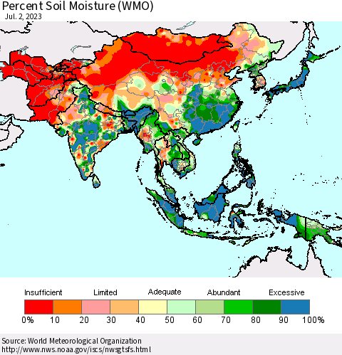 Asia Percent Soil Moisture (WMO) Thematic Map For 6/26/2023 - 7/2/2023