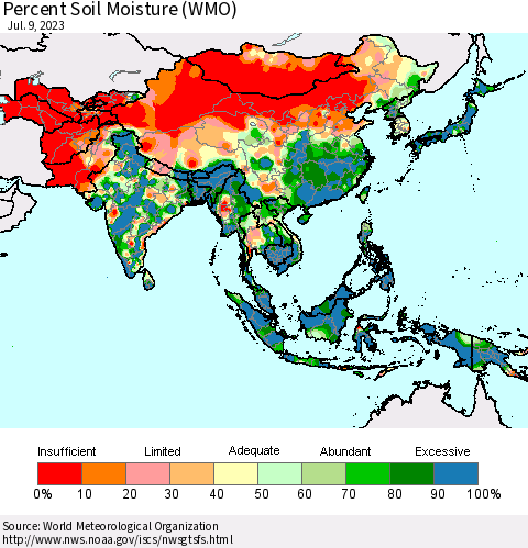 Asia Percent Soil Moisture (WMO) Thematic Map For 7/3/2023 - 7/9/2023