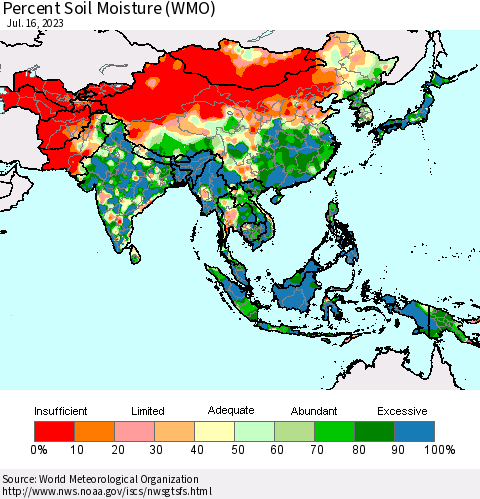 Asia Percent Soil Moisture (WMO) Thematic Map For 7/10/2023 - 7/16/2023