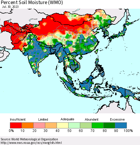 Asia Percent Soil Moisture (WMO) Thematic Map For 7/24/2023 - 7/30/2023