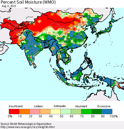 Asia Percent Soil Moisture (WMO) Thematic Map For 7/31/2023 - 8/6/2023