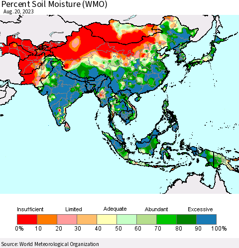 Asia Percent Soil Moisture (WMO) Thematic Map For 8/14/2023 - 8/20/2023