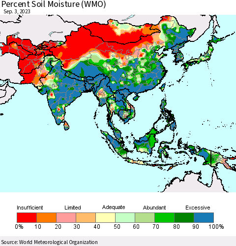Asia Percent Soil Moisture (WMO) Thematic Map For 8/28/2023 - 9/3/2023