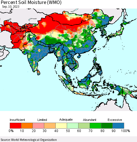 Asia Percent Soil Moisture (WMO) Thematic Map For 9/4/2023 - 9/10/2023