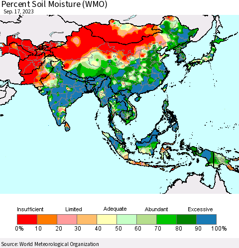 Asia Percent Soil Moisture (WMO) Thematic Map For 9/11/2023 - 9/17/2023