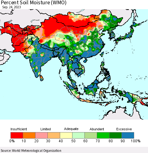 Asia Percent Soil Moisture (WMO) Thematic Map For 9/18/2023 - 9/24/2023