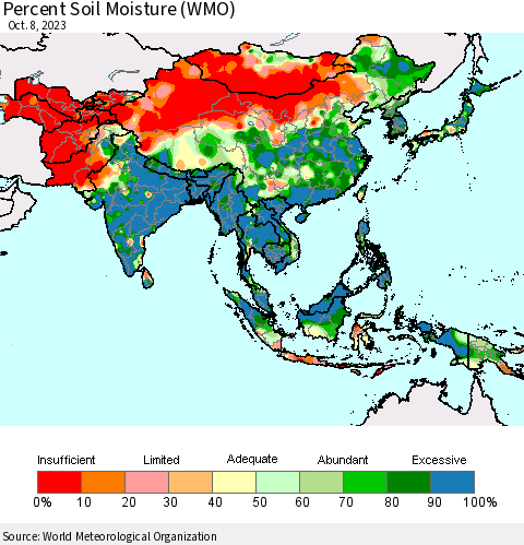 Asia Percent Soil Moisture (WMO) Thematic Map For 10/2/2023 - 10/8/2023