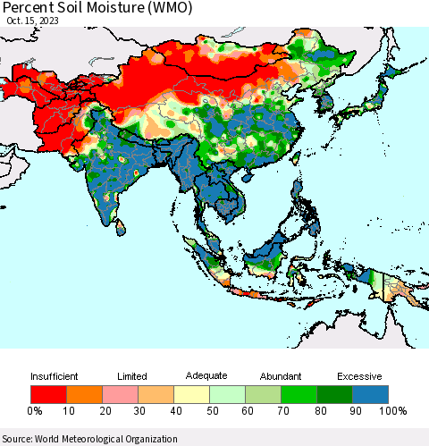 Asia Percent Soil Moisture (WMO) Thematic Map For 10/9/2023 - 10/15/2023