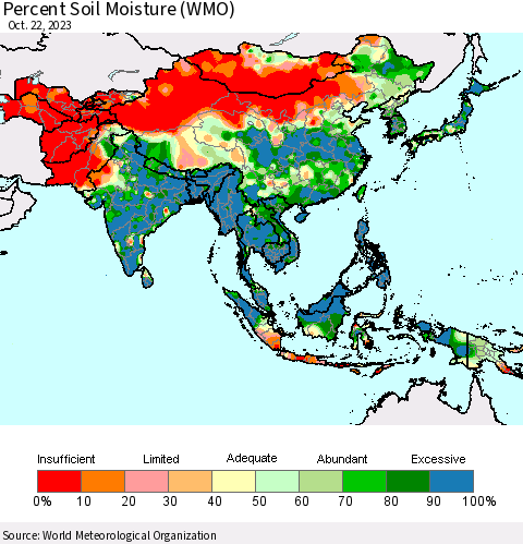 Asia Percent Soil Moisture (WMO) Thematic Map For 10/16/2023 - 10/22/2023