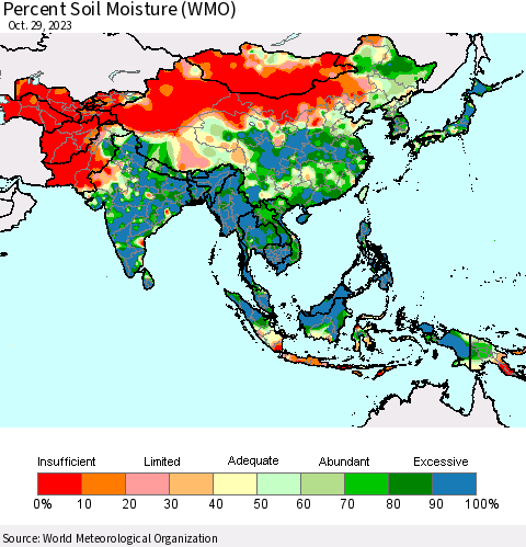 Asia Percent Soil Moisture (WMO) Thematic Map For 10/23/2023 - 10/29/2023