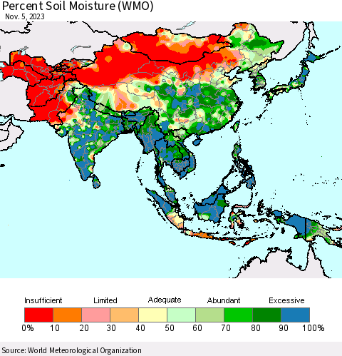 Asia Percent Soil Moisture (WMO) Thematic Map For 10/30/2023 - 11/5/2023