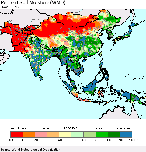 Asia Percent Soil Moisture (WMO) Thematic Map For 11/6/2023 - 11/12/2023