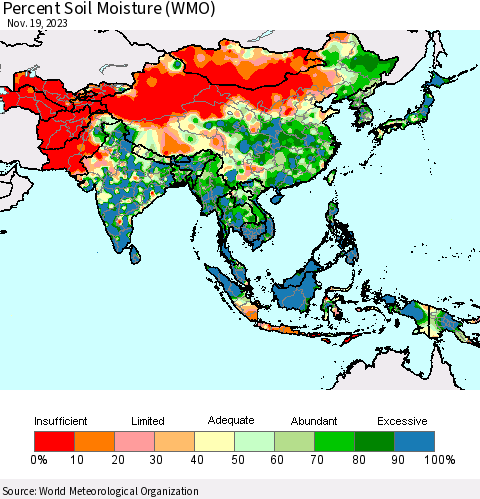 Asia Percent Soil Moisture (WMO) Thematic Map For 11/13/2023 - 11/19/2023