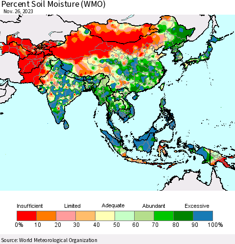 Asia Percent Soil Moisture (WMO) Thematic Map For 11/20/2023 - 11/26/2023