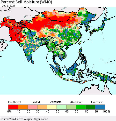 Asia Percent Soil Moisture (WMO) Thematic Map For 11/27/2023 - 12/3/2023