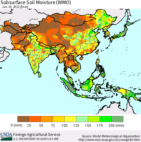 Asia Subsurface Soil Moisture (WMO) Thematic Map For 1/10/2022 - 1/16/2022