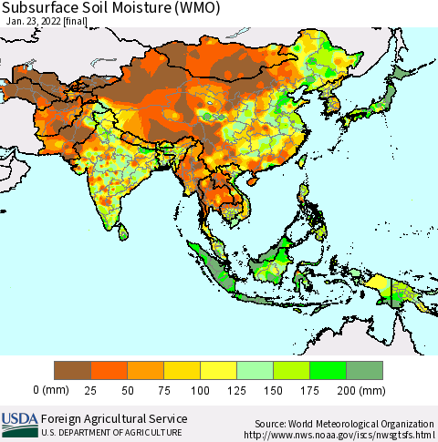 Asia Subsurface Soil Moisture (WMO) Thematic Map For 1/17/2022 - 1/23/2022