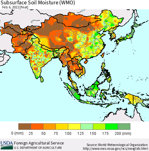 Asia Subsurface Soil Moisture (WMO) Thematic Map For 1/31/2022 - 2/6/2022