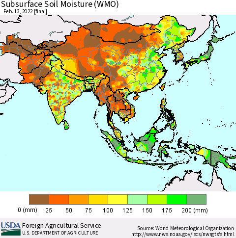 Asia Subsurface Soil Moisture (WMO) Thematic Map For 2/7/2022 - 2/13/2022