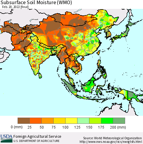 Asia Subsurface Soil Moisture (WMO) Thematic Map For 2/14/2022 - 2/20/2022