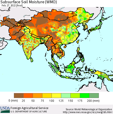 Asia Subsurface Soil Moisture (WMO) Thematic Map For 2/21/2022 - 2/27/2022