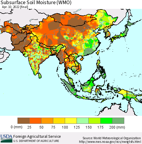 Asia Subsurface Soil Moisture (WMO) Thematic Map For 4/4/2022 - 4/10/2022