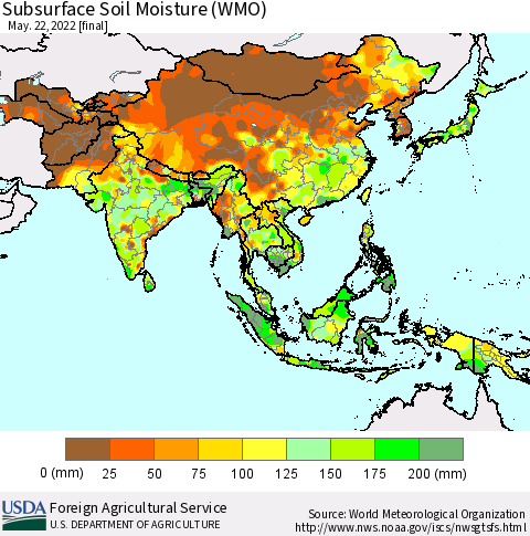 Asia Subsurface Soil Moisture (WMO) Thematic Map For 5/16/2022 - 5/22/2022
