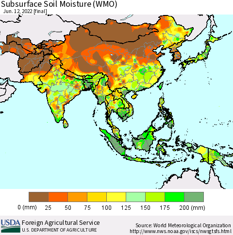Asia Subsurface Soil Moisture (WMO) Thematic Map For 6/6/2022 - 6/12/2022