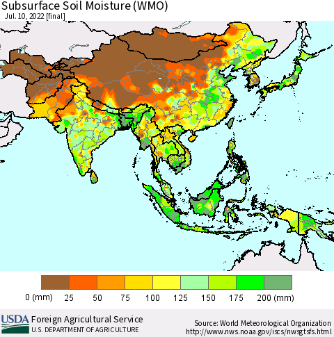 Asia Subsurface Soil Moisture (WMO) Thematic Map For 7/4/2022 - 7/10/2022
