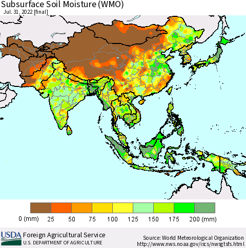 Asia Subsurface Soil Moisture (WMO) Thematic Map For 7/25/2022 - 7/31/2022