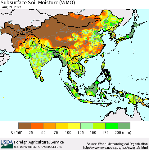 Asia Subsurface Soil Moisture (WMO) Thematic Map For 8/15/2022 - 8/21/2022