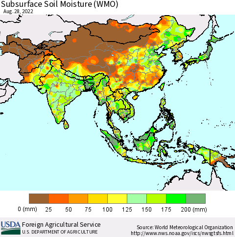 Asia Subsurface Soil Moisture (WMO) Thematic Map For 8/22/2022 - 8/28/2022