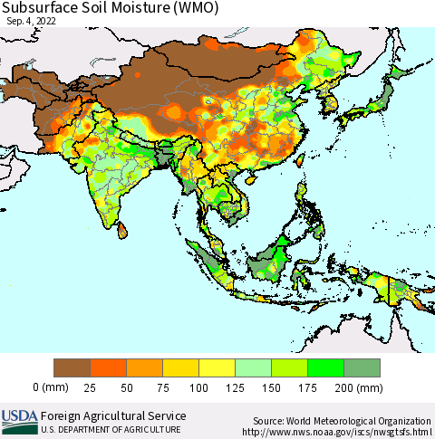 Asia Subsurface Soil Moisture (WMO) Thematic Map For 8/29/2022 - 9/4/2022