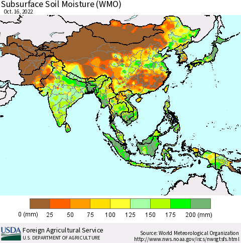 Asia Subsurface Soil Moisture (WMO) Thematic Map For 10/10/2022 - 10/16/2022