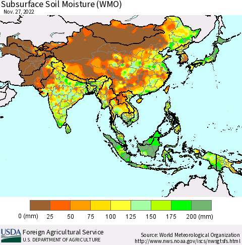 Asia Subsurface Soil Moisture (WMO) Thematic Map For 11/21/2022 - 11/27/2022