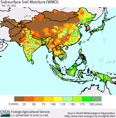 Asia Subsurface Soil Moisture (WMO) Thematic Map For 12/12/2022 - 12/18/2022
