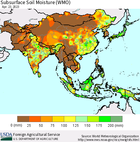 Asia Subsurface Soil Moisture (WMO) Thematic Map For 4/17/2023 - 4/23/2023