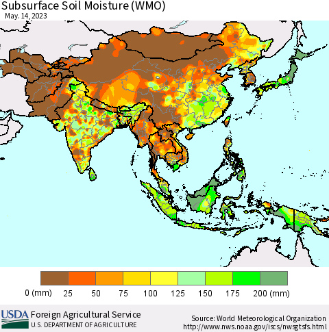 Asia Subsurface Soil Moisture (WMO) Thematic Map For 5/8/2023 - 5/14/2023