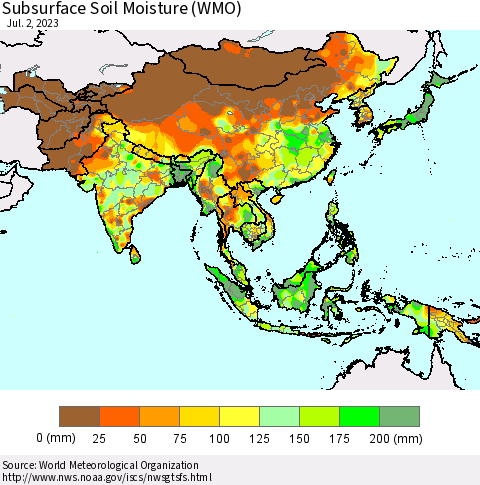 Asia Subsurface Soil Moisture (WMO) Thematic Map For 6/26/2023 - 7/2/2023