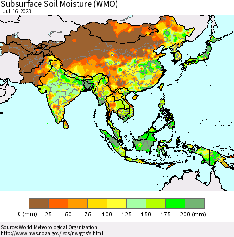 Asia Subsurface Soil Moisture (WMO) Thematic Map For 7/10/2023 - 7/16/2023