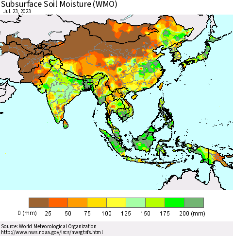 Asia Subsurface Soil Moisture (WMO) Thematic Map For 7/17/2023 - 7/23/2023