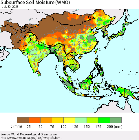 Asia Subsurface Soil Moisture (WMO) Thematic Map For 7/24/2023 - 7/30/2023