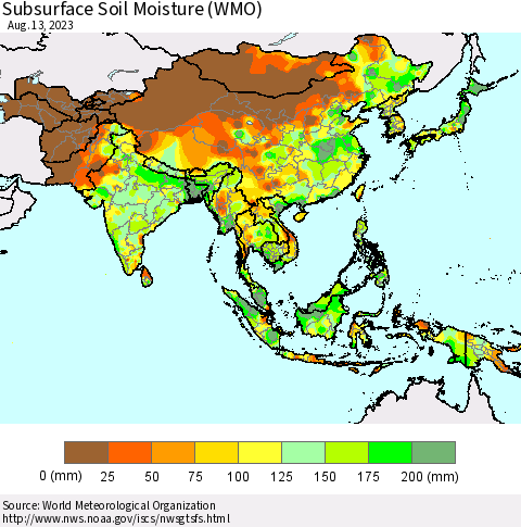 Asia Subsurface Soil Moisture (WMO) Thematic Map For 8/7/2023 - 8/13/2023
