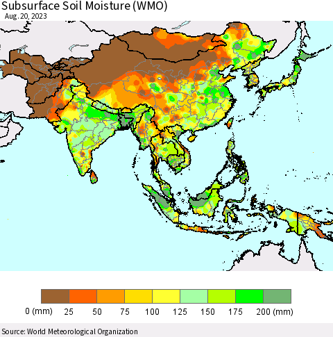 Asia Subsurface Soil Moisture (WMO) Thematic Map For 8/14/2023 - 8/20/2023