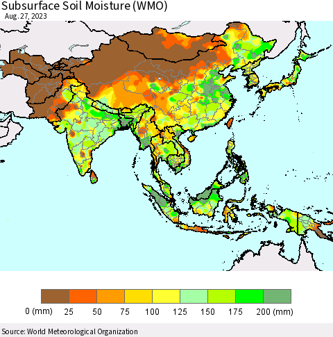 Asia Subsurface Soil Moisture (WMO) Thematic Map For 8/21/2023 - 8/27/2023
