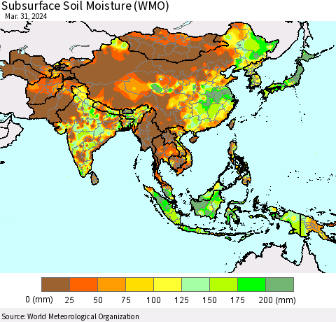 Asia Subsurface Soil Moisture (WMO) Thematic Map For 3/25/2024 - 3/31/2024