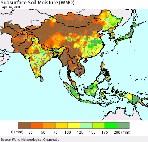 Asia Subsurface Soil Moisture (WMO) Thematic Map For 4/8/2024 - 4/14/2024