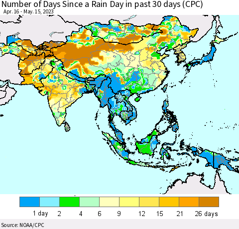 Asia Number of Days Since a Rain Day in past 30 days (CPC) Thematic Map For 5/11/2023 - 5/15/2023